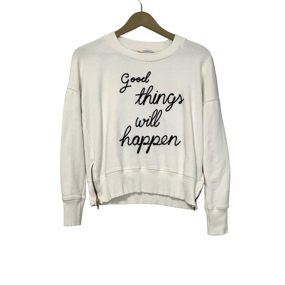 MNG Mango XS White Black Good Things Will Happen Embroidered Sweatshirt Preppy - Picture 1 of 5